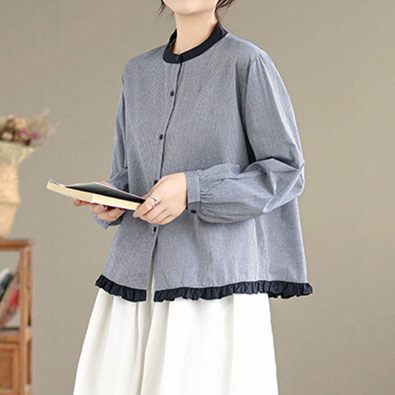 Koszula damska z długim rękawem z bawełny w kratę w paski i falbaniaste brzegi z motywem Buddha Stones - image 12