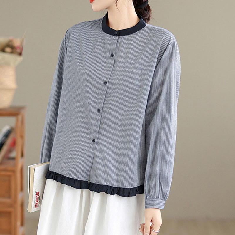 Koszula damska z długim rękawem z bawełny w kratę w paski i falbaniaste brzegi z motywem Buddha Stones - image 8