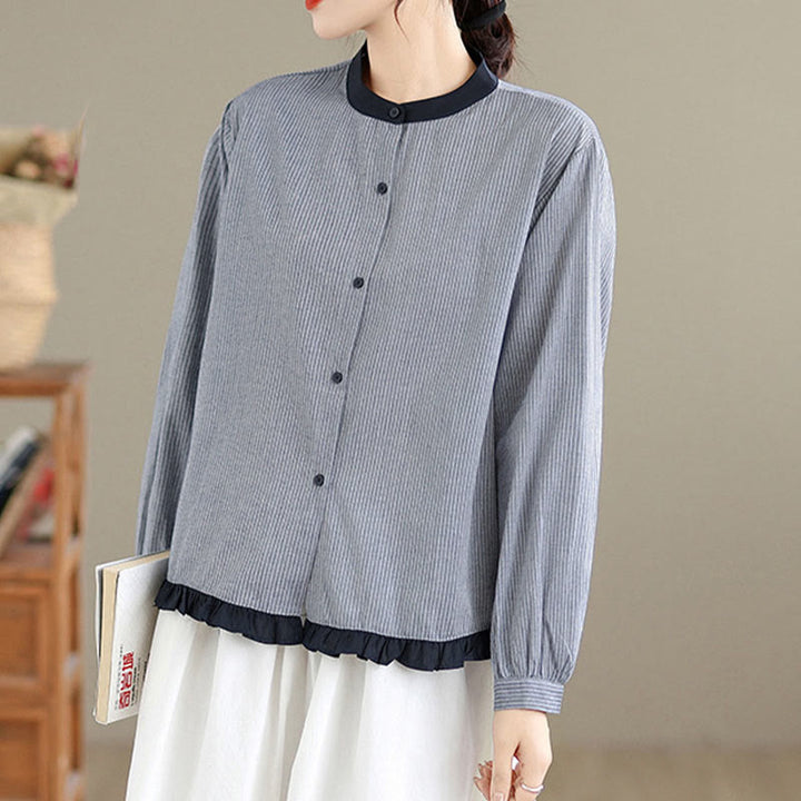 Koszula damska z długim rękawem z bawełny w kratę w paski i falbaniaste brzegi z motywem Buddha Stones - image 8