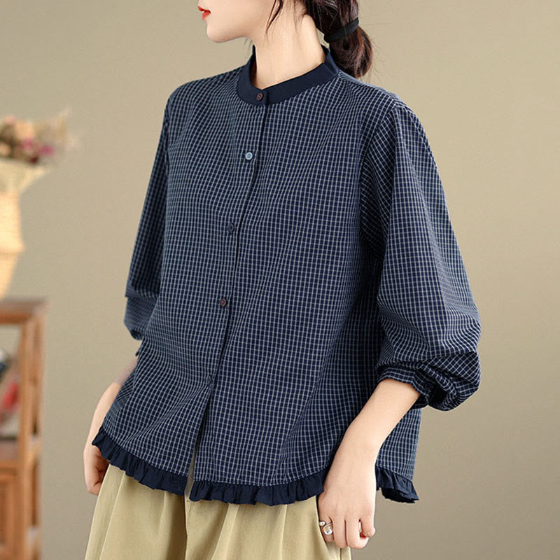 Koszula damska z długim rękawem z bawełny w kratę w paski i falbaniaste brzegi z motywem Buddha Stones - image 1