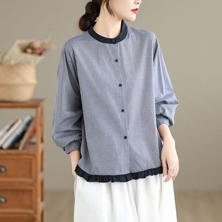 Koszula damska z długim rękawem z bawełny w kratę w paski i falbaniaste brzegi z motywem Buddha Stones - Srebrny w paski - US8-10，UK/AU12-14，EU40-42 (2XL) - image 7