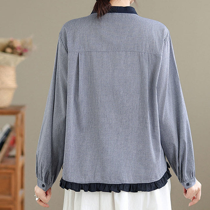 Koszula damska z długim rękawem z bawełny w kratę w paski i falbaniaste brzegi z motywem Buddha Stones - image 11