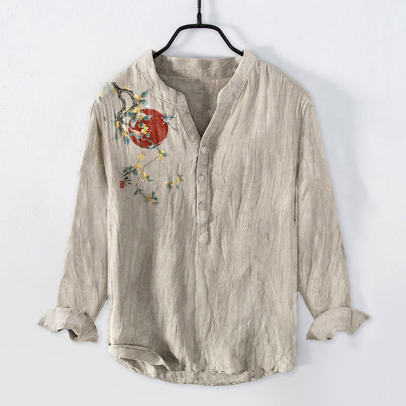 Koszula męska z długim rękawem z bawełny i lnu, z Buddha Stones, wzorem czerwonego słońca i osmantusem - Bielizna - US/UK/AU50, EU60 (5XL) - image 0