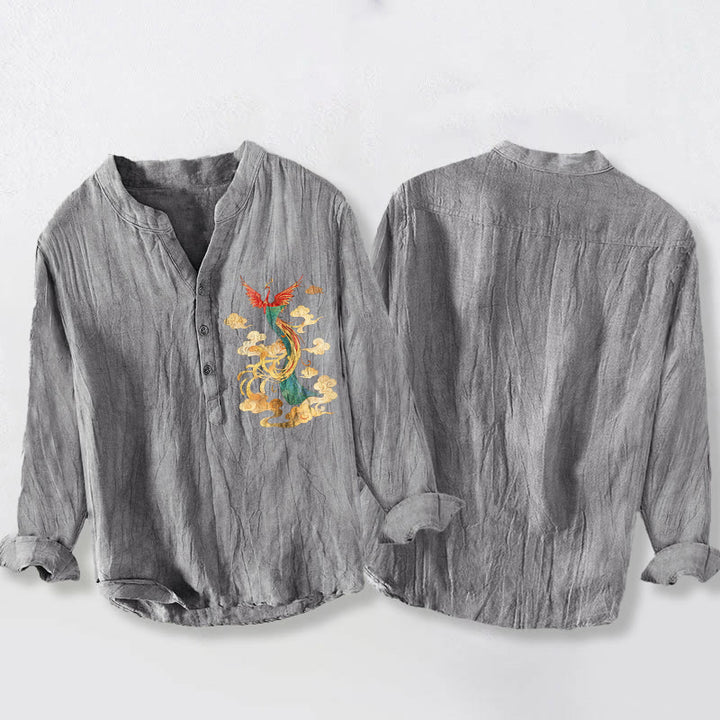 Koszula męska z długim rękawem z bawełny i lnu z motywem chmur feniksa i Buddha Stones, zapinana na pół guziki - image 2