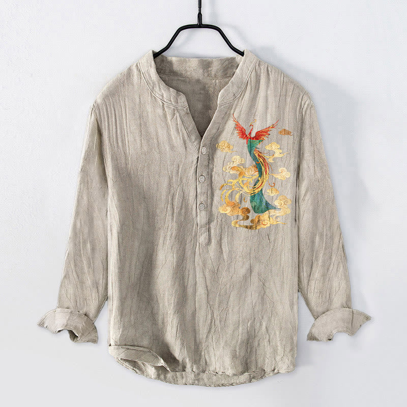 Koszula męska z długim rękawem z bawełny i lnu z motywem chmur feniksa i Buddha Stones, zapinana na pół guziki - Bielizna - US/UK/AU50, EU60 (5XL) - image 3