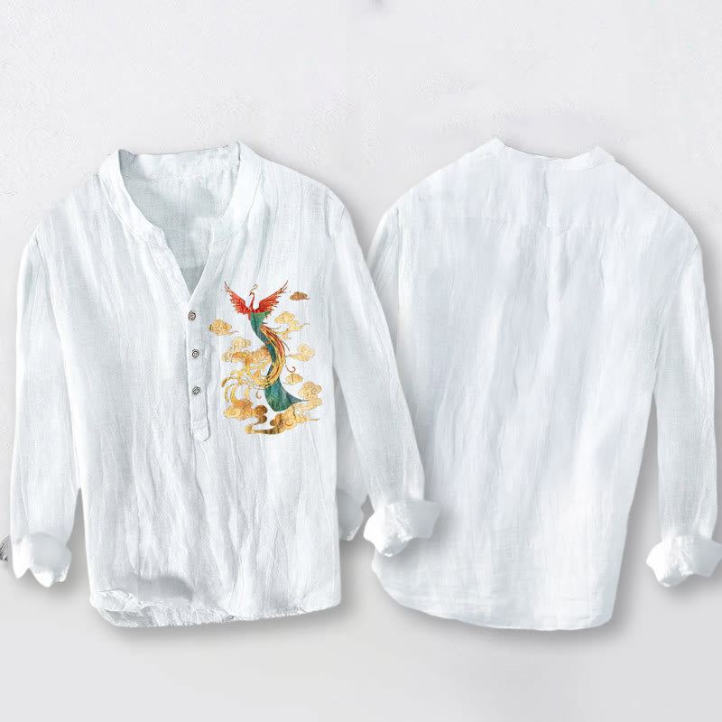 Koszula męska z długim rękawem z bawełny i lnu z motywem chmur feniksa i Buddha Stones, zapinana na pół guziki - image 8