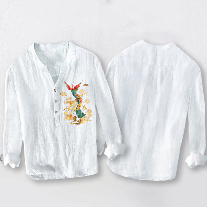 Koszula męska z długim rękawem z bawełny i lnu z motywem chmur feniksa i Buddha Stones, zapinana na pół guziki - image 8