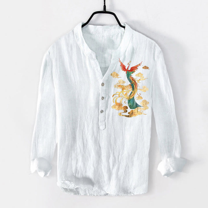 Koszula męska z długim rękawem z bawełny i lnu z motywem chmur feniksa i Buddha Stones, zapinana na pół guziki - Biały - US/UK/AU50, EU60 (5XL) - image 6