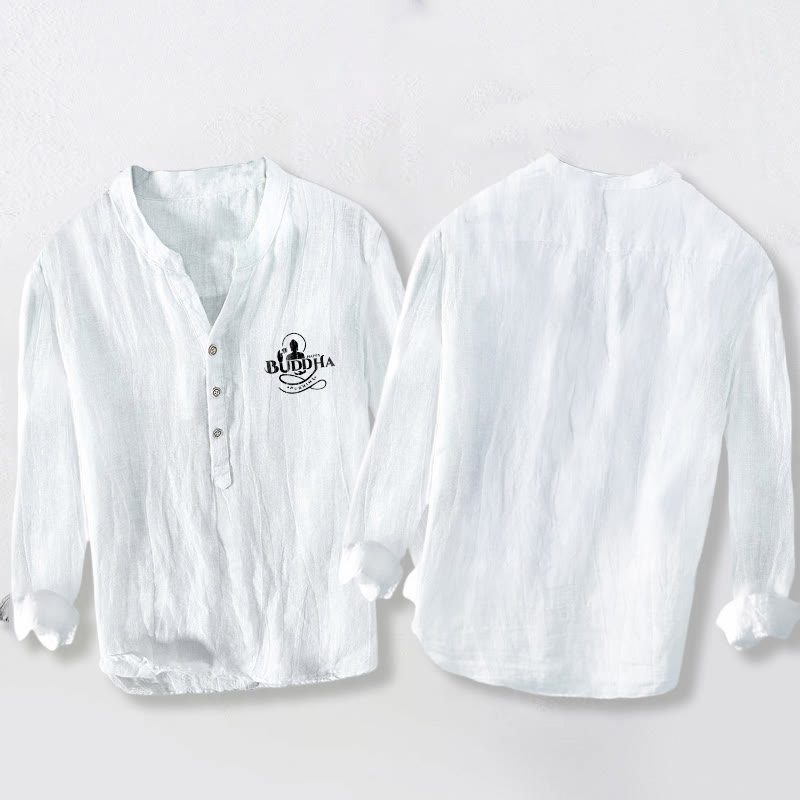 Koszula męska z długim rękawem z bawełny i lnu, z Buddha Stones i motywem lotosu, zapinana na pół guziki - image 5