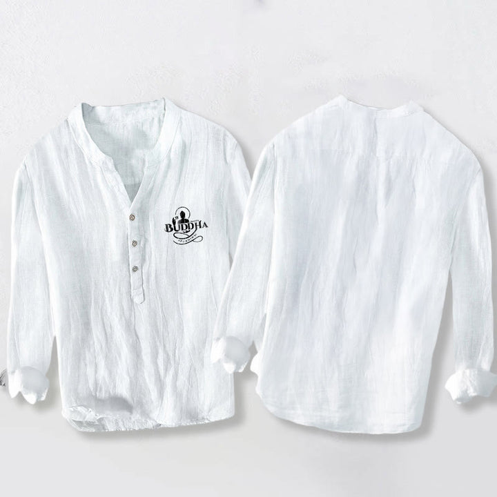 Koszula męska z długim rękawem z bawełny i lnu, z Buddha Stones i motywem lotosu, zapinana na pół guziki - image 5
