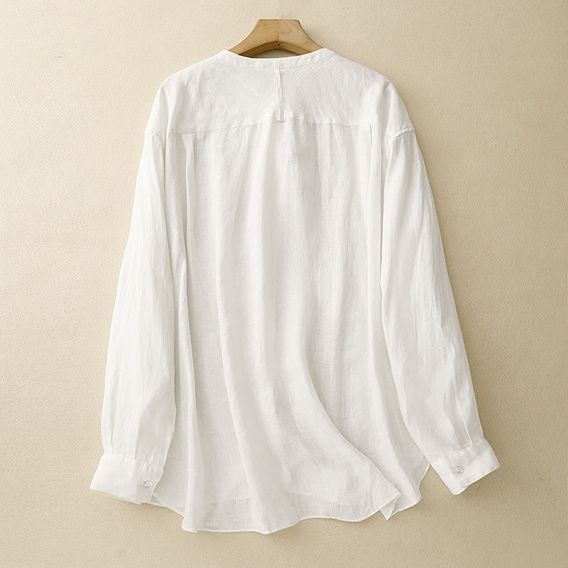 Koszula damska z długim rękawem z bawełny w jednolitym kolorze z okrągłym dekoltem i guzikami w kształcie Buddha Stones - image 8