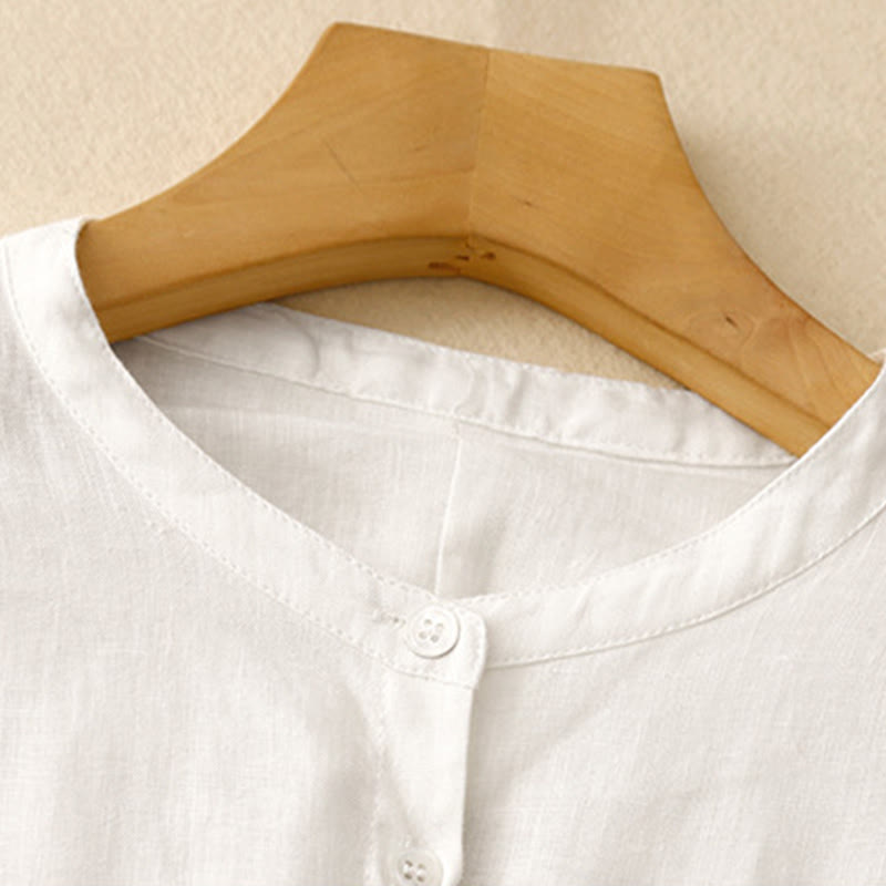 Koszula damska z długim rękawem z bawełny w jednolitym kolorze z okrągłym dekoltem i guzikami w kształcie Buddha Stones - image 10