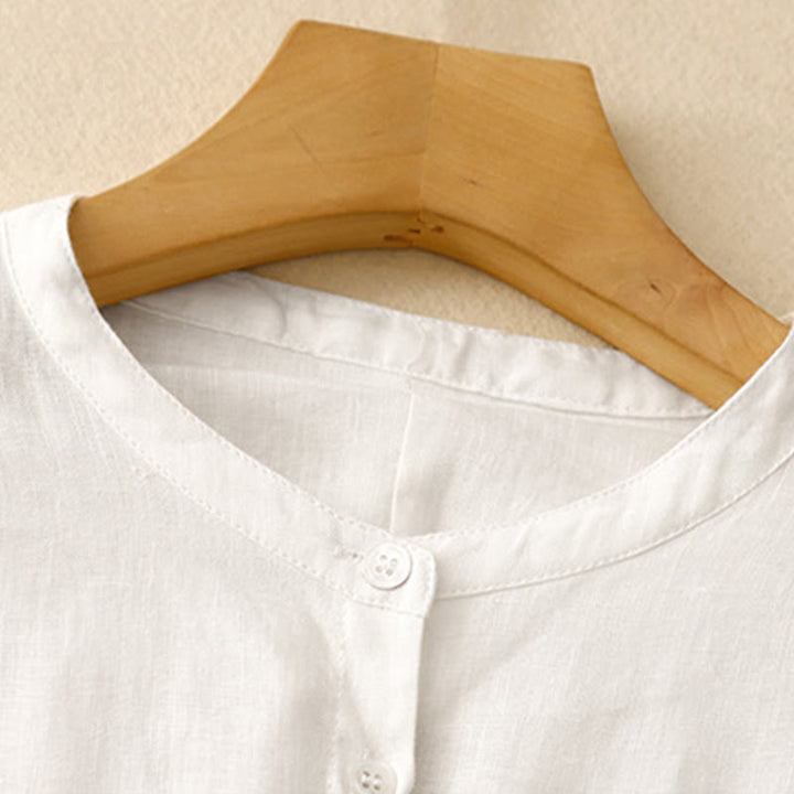 Koszula damska z długim rękawem z bawełny w jednolitym kolorze z okrągłym dekoltem i guzikami w kształcie Buddha Stones - image 10