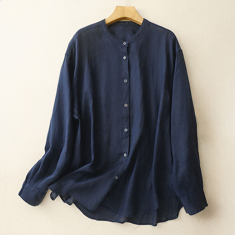 Koszula damska z długim rękawem i okrągłym dekoltem w jednolitym kolorze z motywem Buddha Stones i guzikami - MidnightBlue - US8-10，UK/AU12-14，EU40-42 (2XL) - image 0