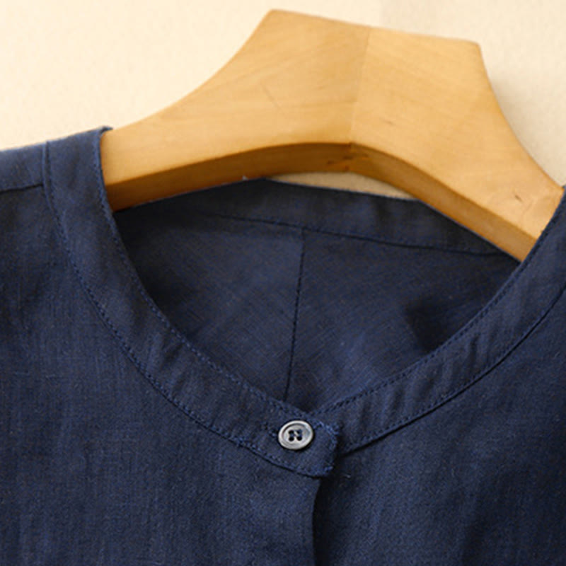 Koszula damska z długim rękawem z bawełny w jednolitym kolorze z okrągłym dekoltem i guzikami w kształcie Buddha Stones - image 1