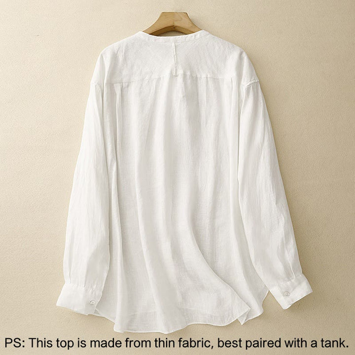 Koszula damska z długim rękawem z bawełny w jednolitym kolorze z okrągłym dekoltem i guzikami w kształcie Buddha Stones - image 9