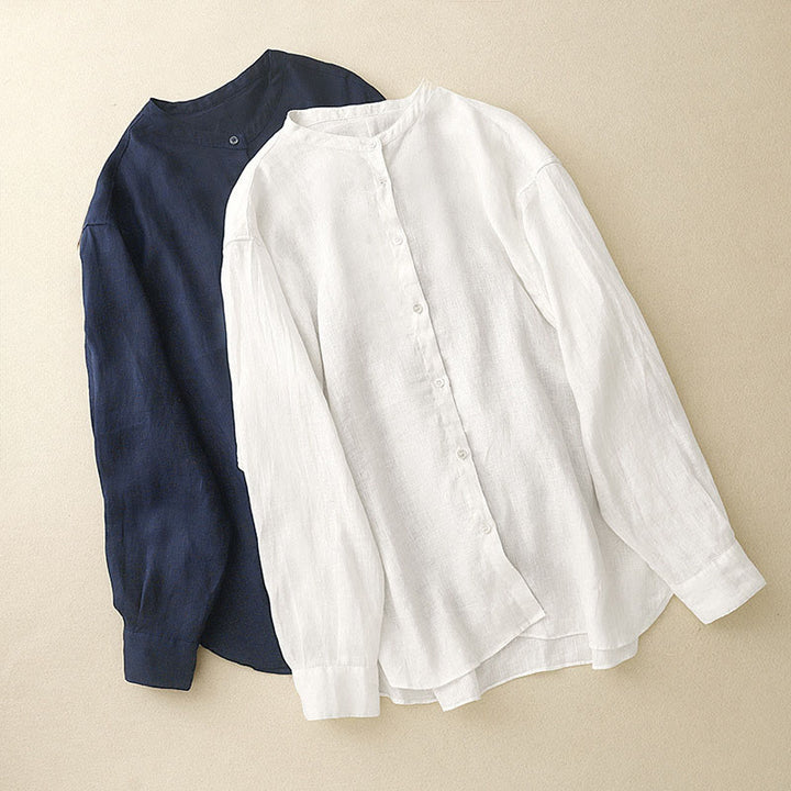 Koszula damska z długim rękawem z bawełny w jednolitym kolorze z okrągłym dekoltem i guzikami w kształcie Buddha Stones - image 16