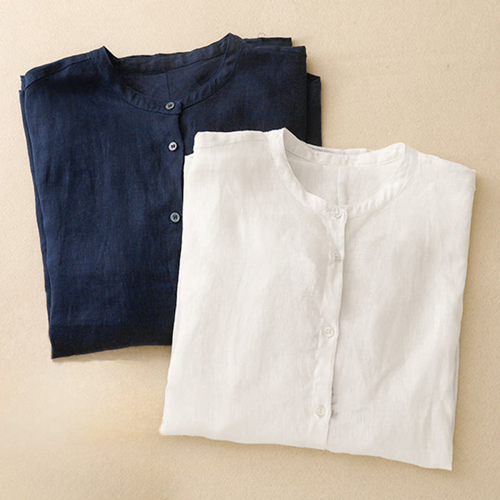 Koszula damska z długim rękawem z bawełny w jednolitym kolorze z okrągłym dekoltem i guzikami w kształcie Buddha Stones - image 17