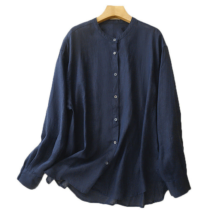 Koszula damska z długim rękawem z bawełny w jednolitym kolorze z okrągłym dekoltem i guzikami w kształcie Buddha Stones - image 6