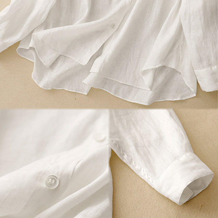 Koszula damska z długim rękawem z bawełny w jednolitym kolorze z okrągłym dekoltem i guzikami w kształcie Buddha Stones - image 15