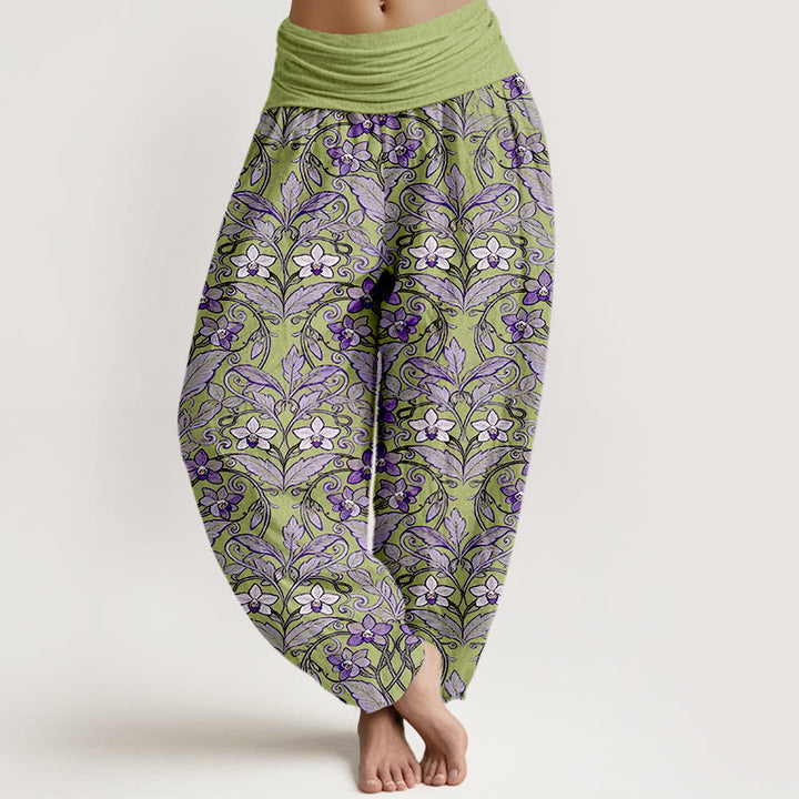 Spodnie haremki damskie z elastyczną talią, bawełniane, z motywem gwiazdek i liści, z Buddha Stones - Żółtozielony - US16, UK/AU20, EU48 (3XL) - image 0