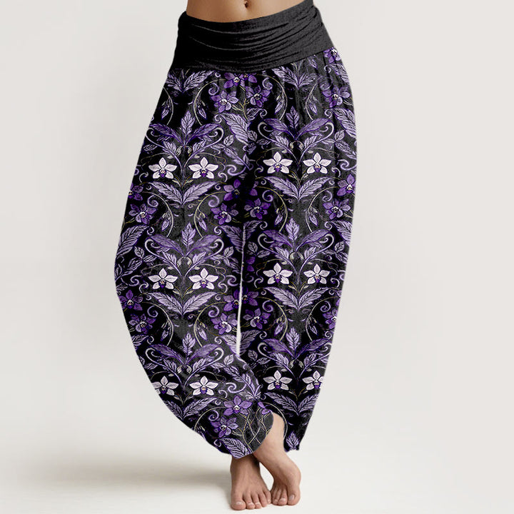 Spodnie haremki damskie z elastyczną talią, bawełniane, z motywem gwiazdek i liści, z Buddha Stones - Czarny - US16, UK/AU20, EU48 (3XL) - image 8