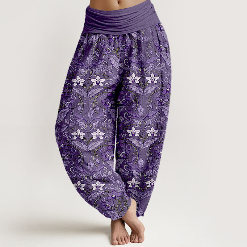Spodnie haremki damskie z elastyczną talią, bawełniane, z motywem gwiazdek i liści, z Buddha Stones - Średniofioletowy - US16, UK/AU20, EU48 (3XL) - image 11