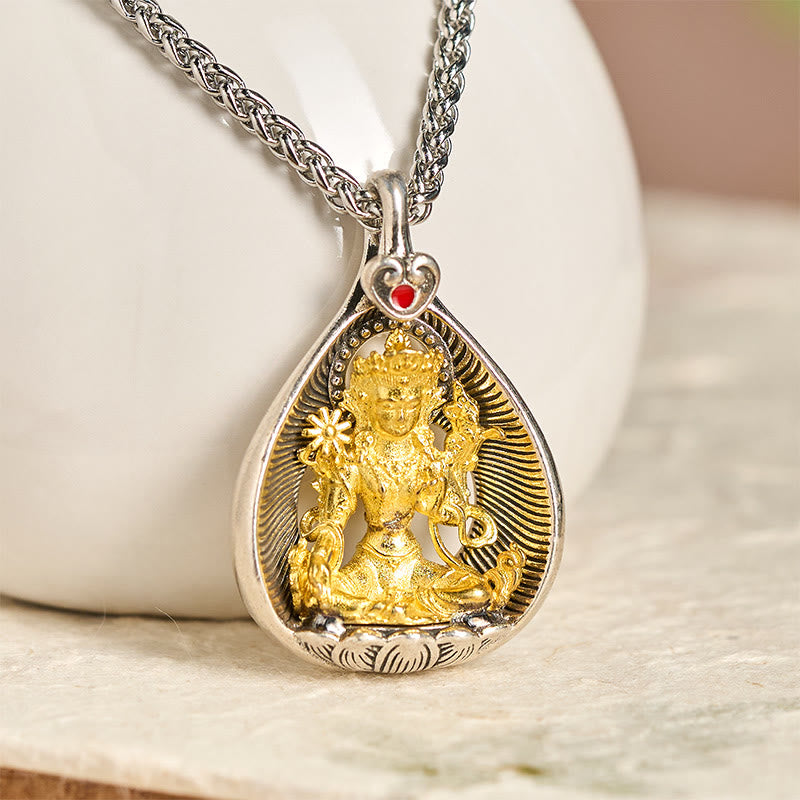 Naszyjnik z wisiorkiem szczęścia, Buddha Stones , zielona Tara, Budda Siakjamuni, łańcuszek miedziany ze srebra - image 1