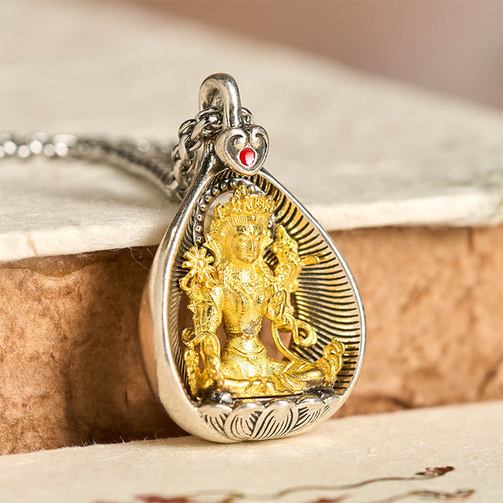Naszyjnik z wisiorkiem szczęścia, Buddha Stones , zielona Tara, Budda Siakjamuni, łańcuszek miedziany ze srebra - Zielona Tara - image 0