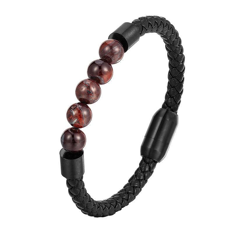 Bransoletka ze skóry stymulującej z Buddha Stones , matowym kamieniem lawowym i tygrysim okiem ze stali tytanowej - Czerwone Tygrysie Oko (obwód nadgarstka: 18-19 cm) - image 7