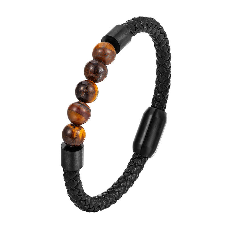 Bransoletka ze skóry stymulującej z Buddha Stones , matowym kamieniem lawowym i tygrysim okiem ze stali tytanowej - Tygrysie oko (obwód nadgarstka: 18-19 cm) - image 9