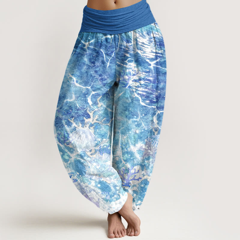 Buddha Stones spodnie haremowe z elastyczną talią i bawełnianymi, żywymi, oceanicznymi muszlami i koralowym wzorem - DodgerBlue - US16, UK/AU20, EU48 (3XL) - image 0
