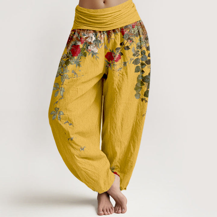 Buddha Stones z czystej bawełny, kolorowe wzory kwiatów i liści, damskie spodnie haremowe z elastyczną talią - Złoto - US16, UK/AU20, EU48 (3XL) - image 0