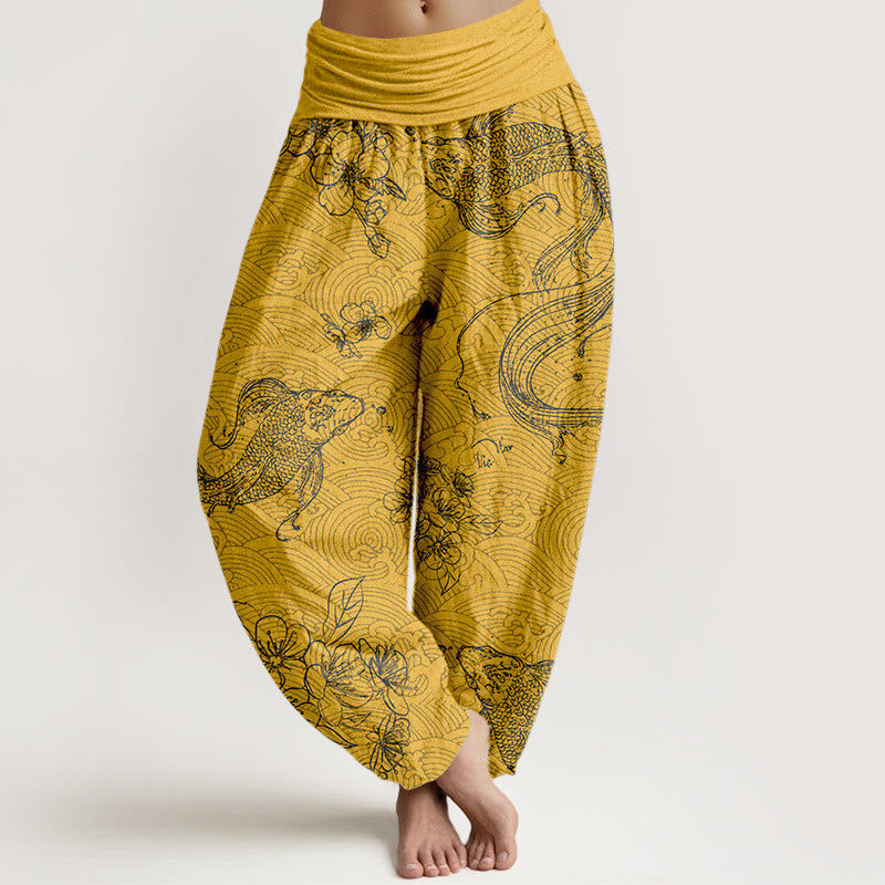 Buddha Stones z czystej bawełny, wykwintne wzory z motywem kwiatów ryb Koi, damskie spodnie haremowe z elastyczną talią - Złoto - US16, UK/AU20, EU48 (3XL) - image 5