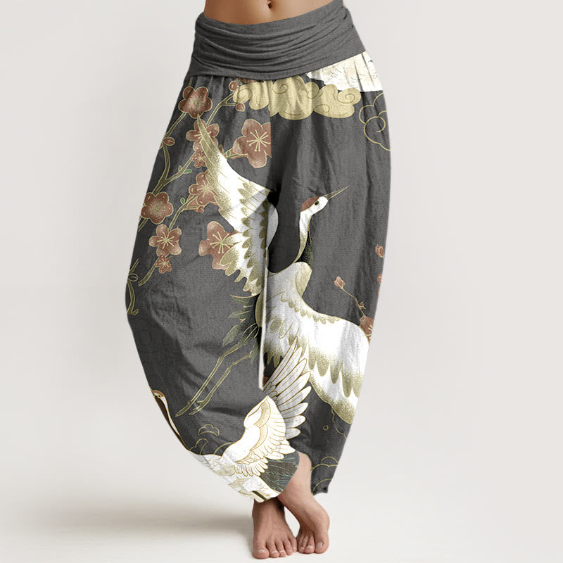 Buddha Stones Czysta bawełna Żurawie Kwiaty Chmury Wzory Damskie Spodnie Harem z Elastyczną Talią - DimGray - US16, UK/AU20, EU48 (3XL) - image 8