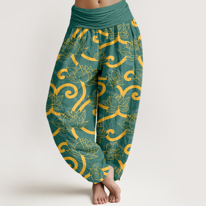 Eleganckie, piękne, damskie spodnie haremowe z elastyczną talią i wzorem lotosu z Buddha Stones z czystej bawełny - Zielony - US16, UK/AU20, EU48 (3XL) - image 0