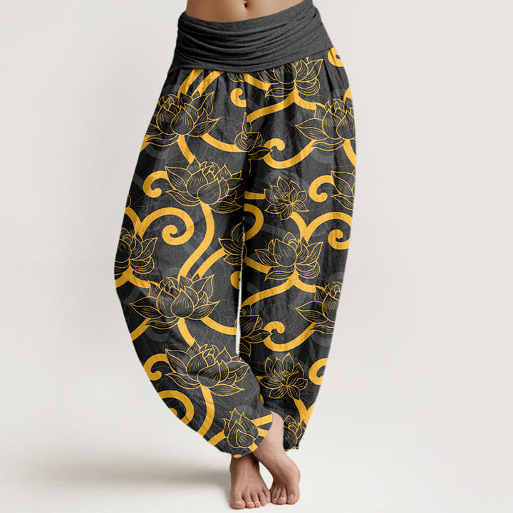 Eleganckie, piękne, damskie spodnie haremowe z elastyczną talią i wzorem lotosu z Buddha Stones z czystej bawełny - Czarny - US16, UK/AU20, EU48 (3XL) - image 5