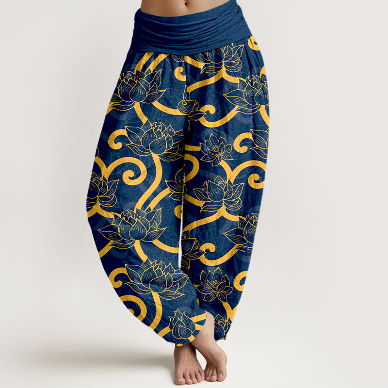 Eleganckie, piękne, damskie spodnie haremowe z elastyczną talią i wzorem lotosu z Buddha Stones z czystej bawełny - Niebieski - US16, UK/AU20, EU48 (3XL) - image 8