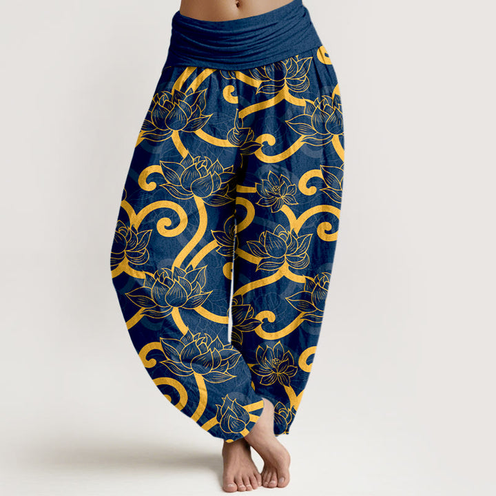 Eleganckie, piękne, damskie spodnie haremowe z elastyczną talią i wzorem lotosu z Buddha Stones z czystej bawełny - Niebieski - US16, UK/AU20, EU48 (3XL) - image 8