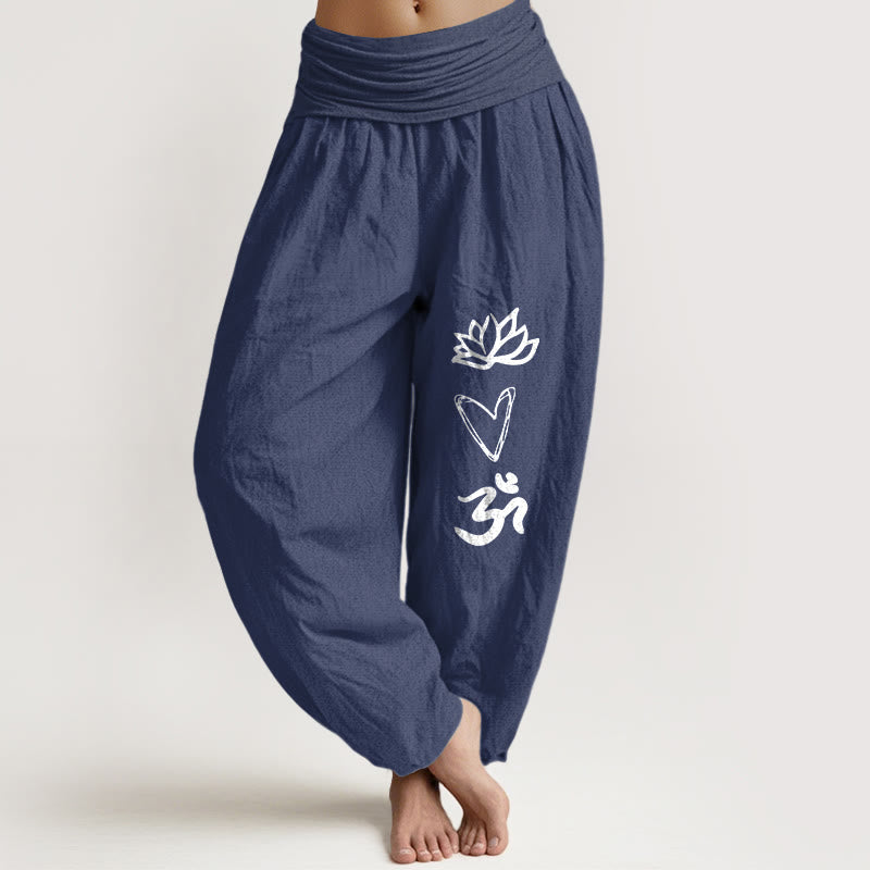 Buddha Stones z czystej bawełny, wzór serca lotosu, symbol Om, damskie spodnie haremowe z elastyczną talią - DarkSlateBlue - US16, UK/AU20, EU48 (3XL) - image 0