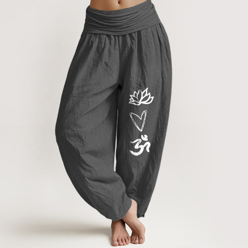 Buddha Stones z czystej bawełny, wzór serca lotosu, symbol Om, damskie spodnie haremowe z elastyczną talią - DimGray - US16, UK/AU20, EU48 (3XL) - image 8