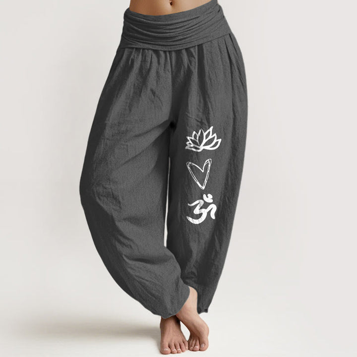 Buddha Stones z czystej bawełny, wzór serca lotosu, symbol Om, damskie spodnie haremowe z elastyczną talią - DimGray - US16, UK/AU20, EU48 (3XL) - image 8