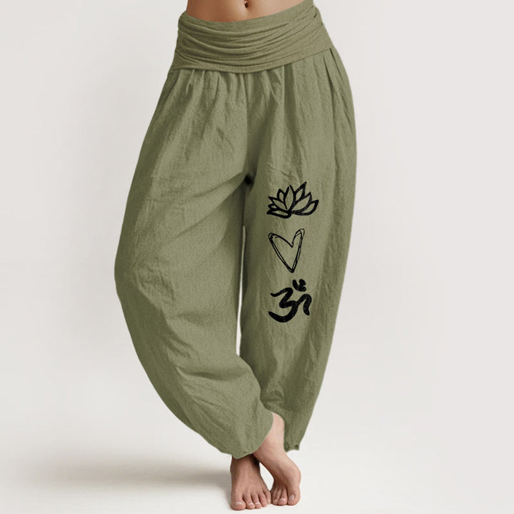 Buddha Stones z czystej bawełny, wzór serca lotosu, symbol Om, damskie spodnie haremowe z elastyczną talią - Oliwkowy - US16, UK/AU20, EU48 (3XL) - image 14