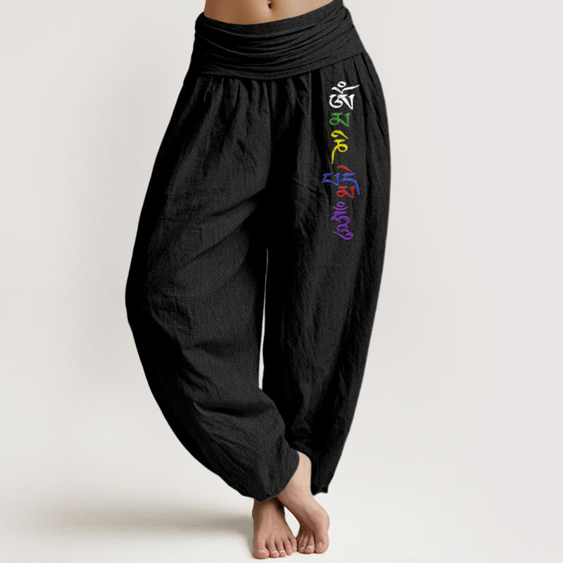 Buddha Stones spodnie haremowe z elastyczną talią, wykonane z czystej bawełny, z symbolem Om w stylu tybetańskim - Czarny - US16, UK/AU20, EU48 (3XL) - image 0