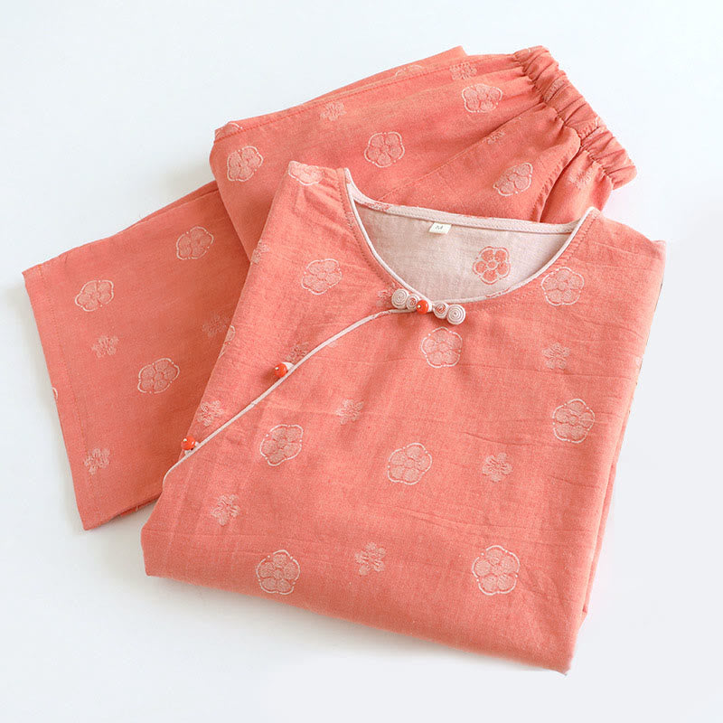 Buddha Stones, 2 sztuki, kwiatowy wzór, koszula z długim rękawem, okrągły dekolt, spodnie zapinane na guziki, komplet bawełniany  - image 3