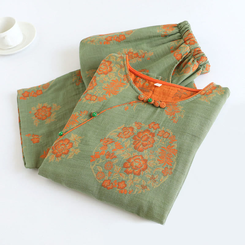 Buddha Stones, 2 sztuki, kwiatowy wzór, koszula z długim rękawem, okrągły dekolt, spodnie zapinane na guziki, komplet bawełniany  - image 1