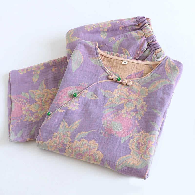 Buddha Stones, 2 sztuki, kwiatowy wzór, koszula z długim rękawem, okrągły dekolt, spodnie zapinane na guziki, komplet bawełniany  - image 8