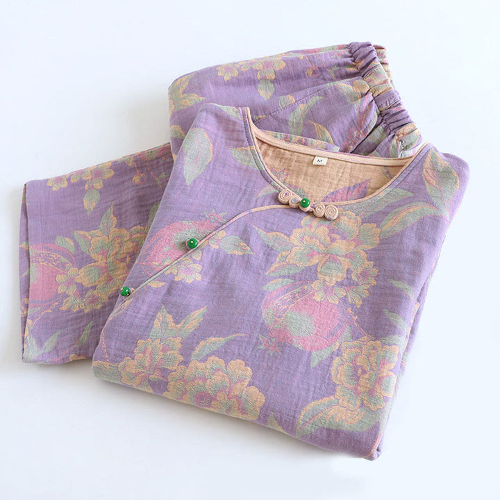 Buddha Stones, 2 sztuki, kwiatowy wzór, koszula z długim rękawem, okrągły dekolt, spodnie zapinane na guziki, komplet bawełniany  - image 8