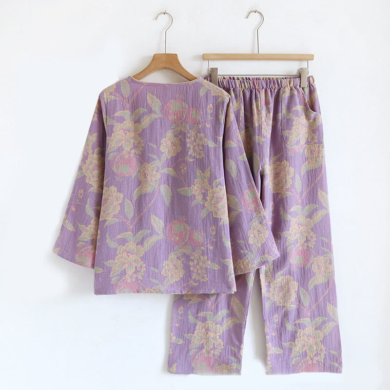 Buddha Stones, 2 sztuki, kwiatowy wzór, koszula z długim rękawem, okrągły dekolt, spodnie zapinane na guziki, komplet bawełniany  - image 7