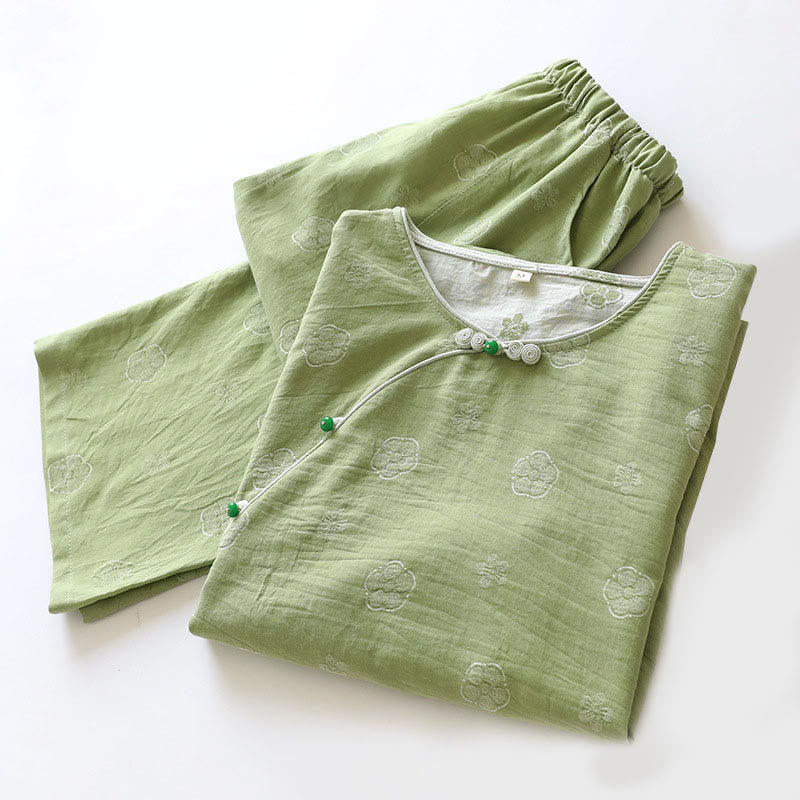 Buddha Stones, 2 sztuki, kwiatowy wzór, koszula z długim rękawem, okrągły dekolt, spodnie zapinane na guziki, komplet bawełniany  - image 5